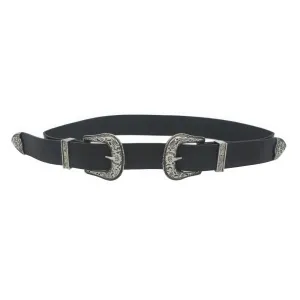 FASHNZFAB Women's Floral Embossed Double Buckle Western Belt