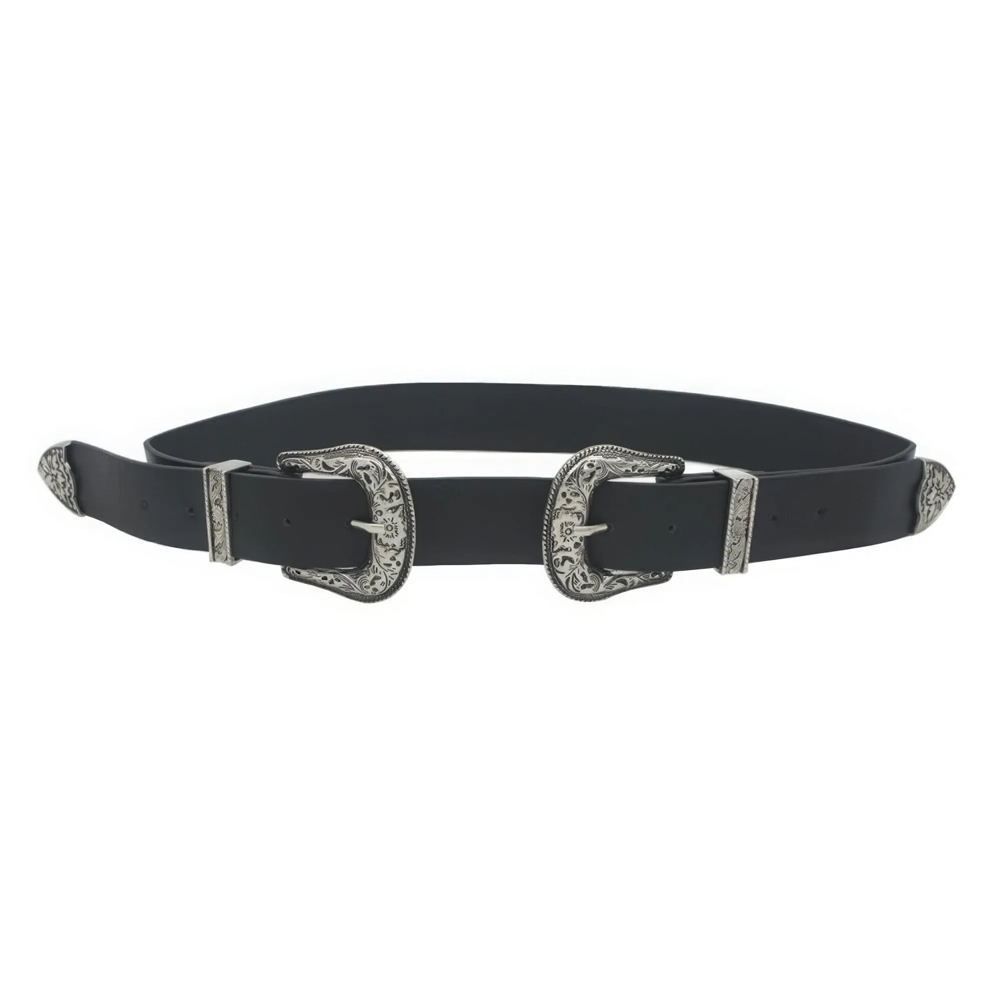 FASHNZFAB Women's Floral Embossed Double Buckle Western Belt